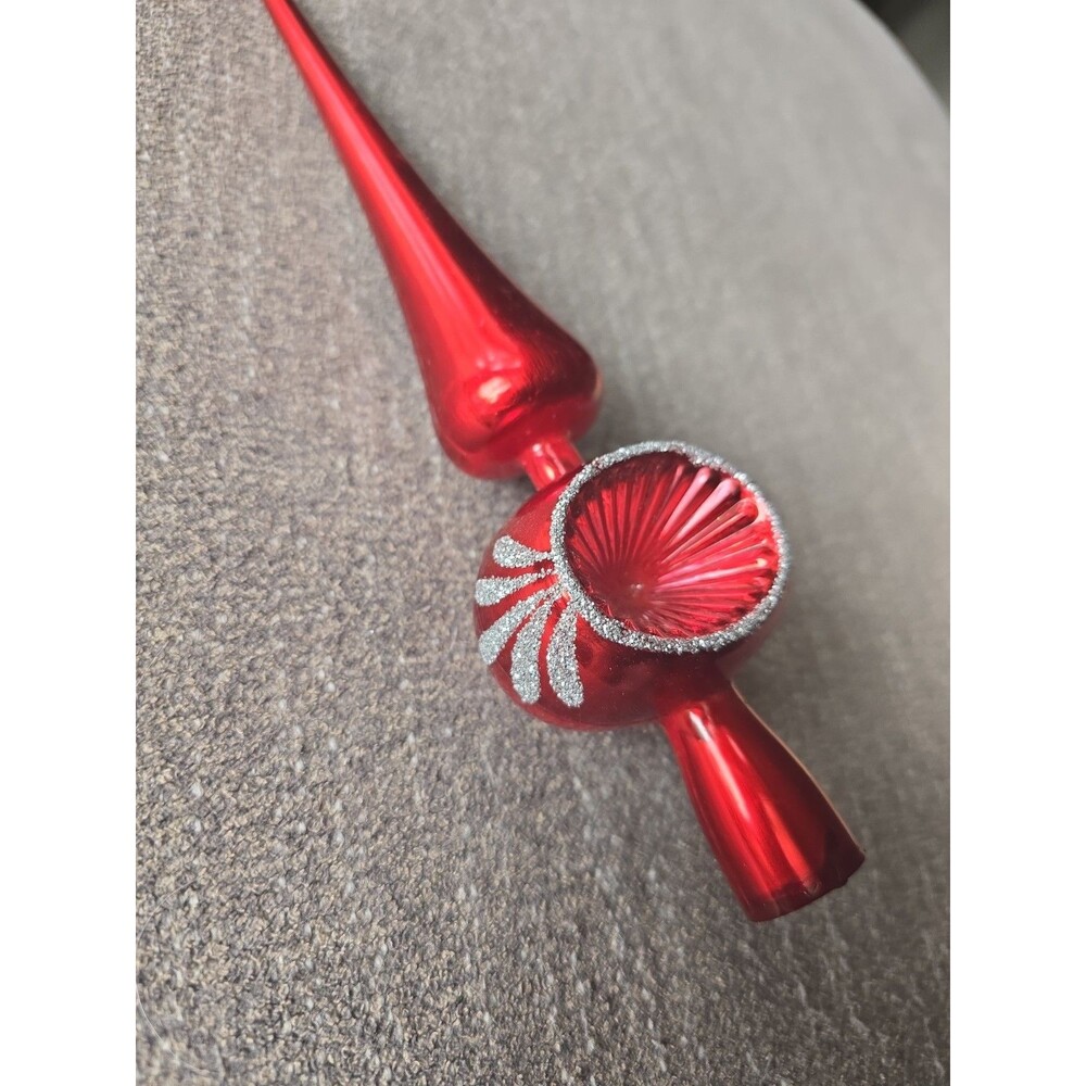 Vtg Pyramid Tree Topper Finial Glass Red Silver Glitter USA With Box 12”